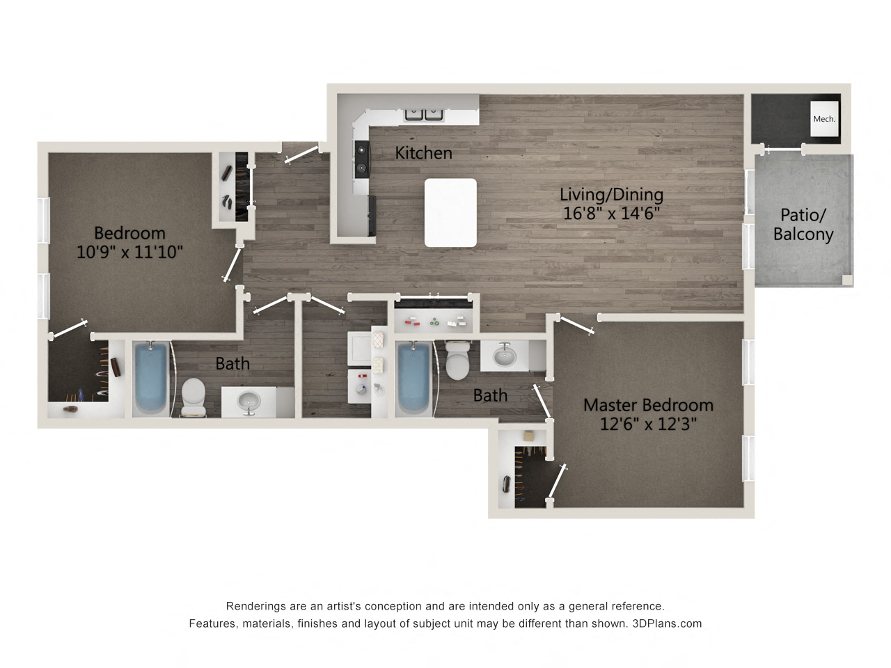 Floor plan for 2 beds, 2 baths, 984 sqft